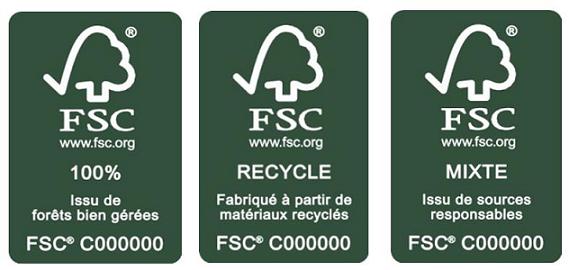 Il existe trois types de labels FSC : 100 % (issu de forêts bien gérées), Recyclé (fabriqué à partir de matériaux recyclés) ou Mixte (issu de sources responsables). 